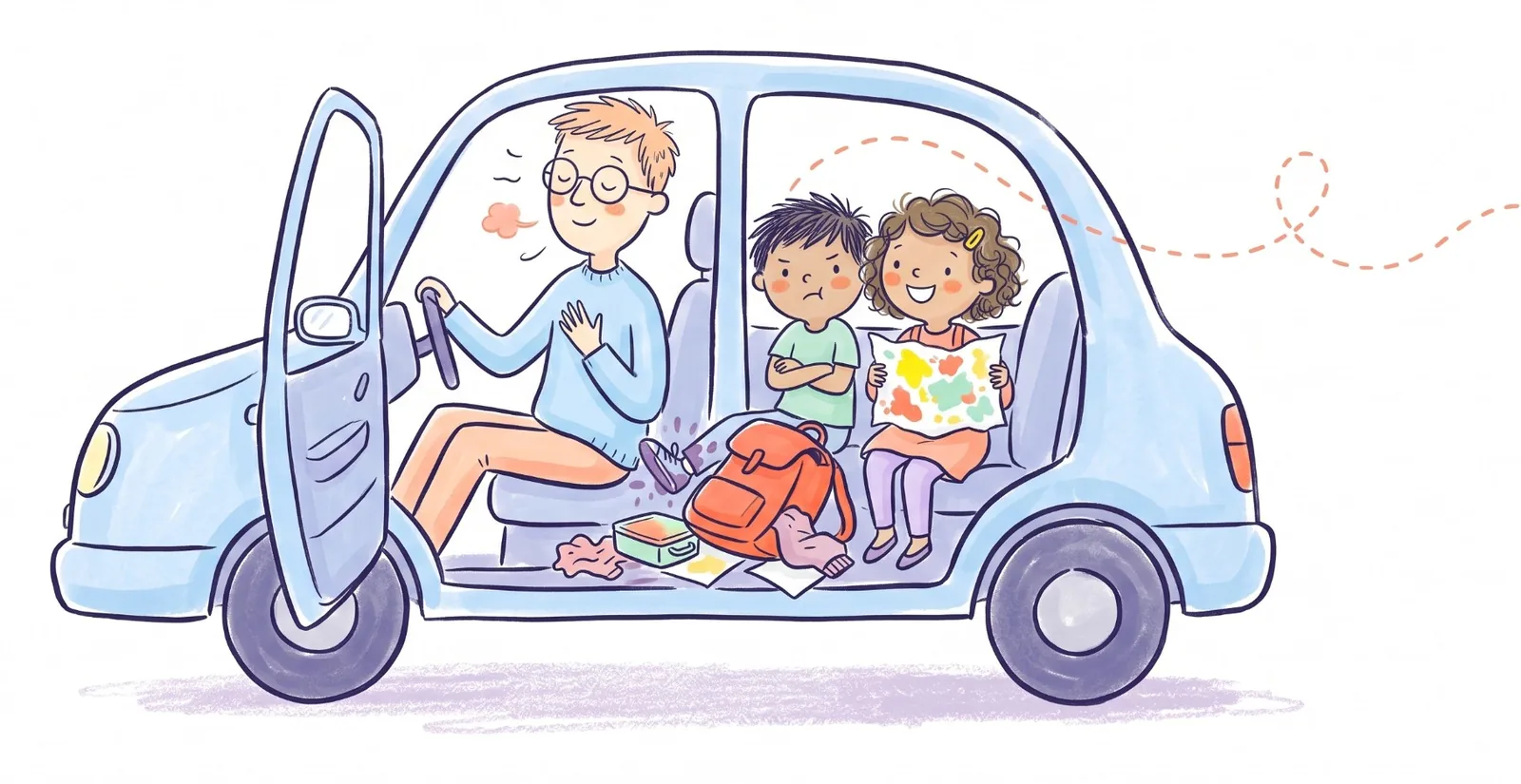 A dad at the wheel closes his eyes and takes a slow breath while, in the back seat, his son sulks with his arms crossed and his daughter holds up a painting