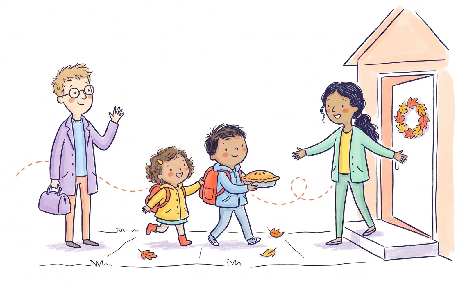 A dad waves goodbye in the driveway as his daughter and son, carrying their backpacks and a pie, walk to their mom waiting with open arms at a front door with an autumn wreath