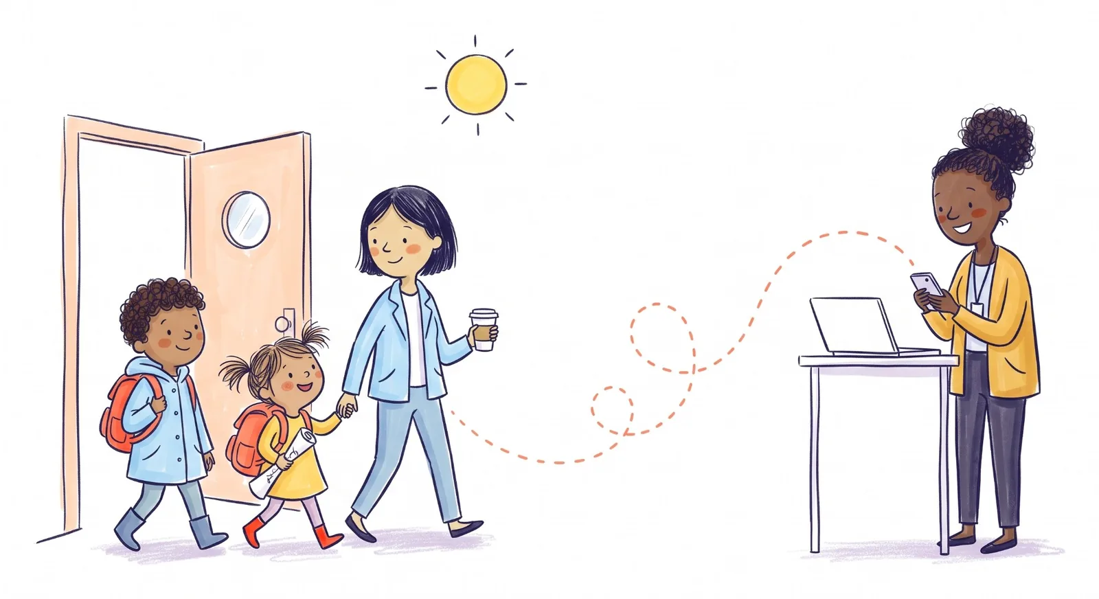 At midday, a neighbour with a coffee walks two kids with backpacks out of the school door, the girl waving her rolled-up drawing, while their mom smiles at her phone at a desk at work