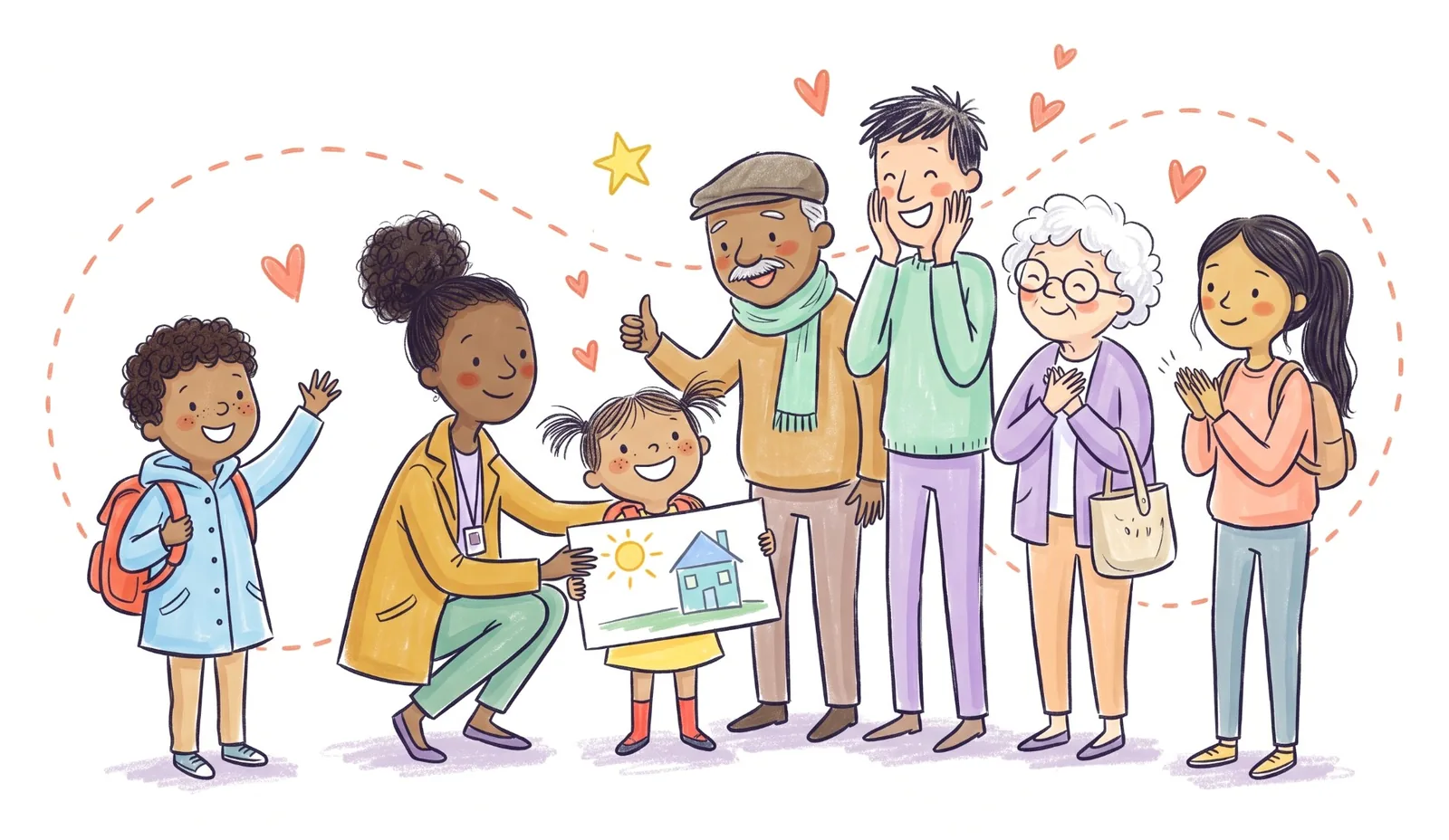 Ava holds up her painting of a sun and a house while her family cheers inside a dashed circle: Mom crouching beside her, Grandpa giving a thumbs up, Dad laughing, Grandma with her hands on her heart, the sitter clapping and her brother waving, with hearts and a star floating above