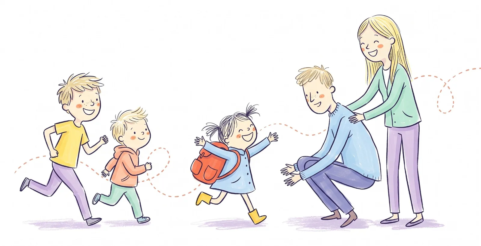 Three kids run to their dad, who crouches with his arms open, as a woman behind him laughs with her hands on his shoulders