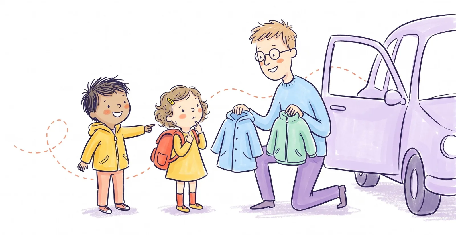 A dad kneels by the open car door holding up a blue raincoat and a green fleece while his daughter, backpack on, thinks about which to pick and her brother points happily