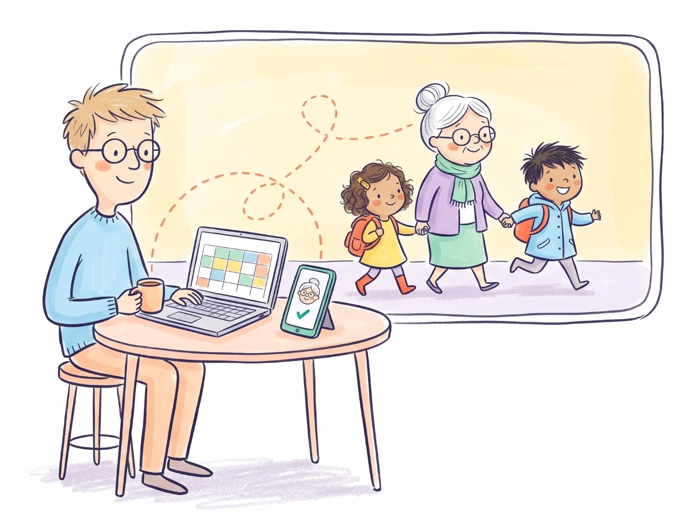 A dad at a table with a laptop calendar and a phone showing Grandma with a green check mark, while behind him Grandma walks the kids home from school