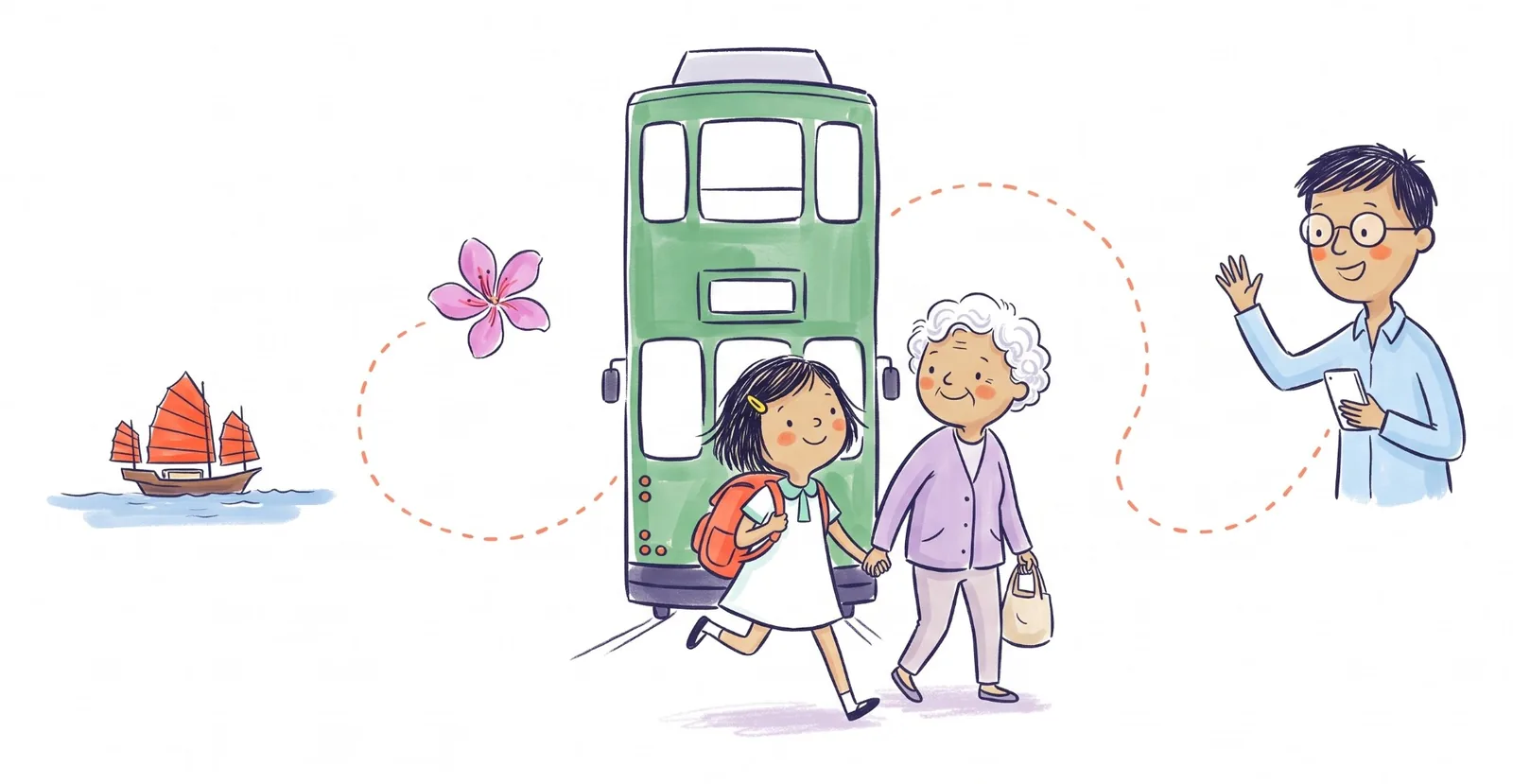 A girl skips off a green double-decker tram holding her grandmother’s hand while her father waves, with a bauhinia flower and a red-sailed junk boat nearby