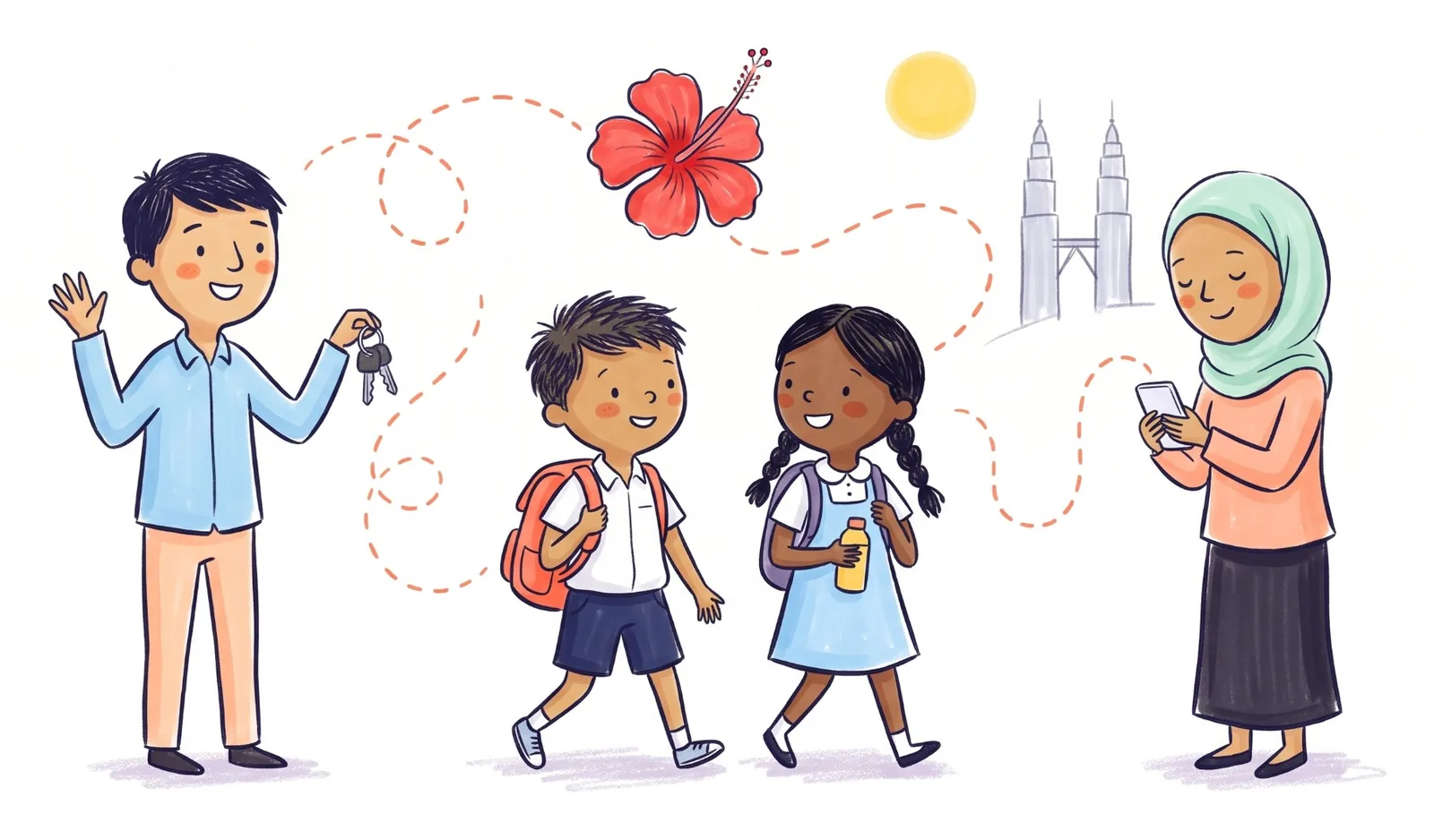 Two school friends walk out together as an uncle waves with his car keys and a mother in a mint headscarf smiles at her phone, with a red hibiscus and the Petronas Twin Towers behind