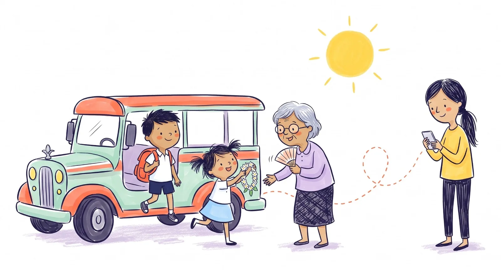 Two kids step down from a colourful jeepney to their lola, the girl offering a sampaguita garland, while their mother smiles at her phone under the sun