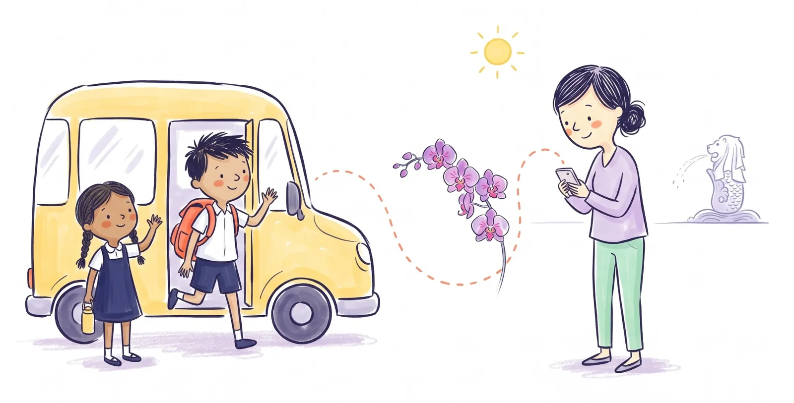 A boy steps off a yellow school bus waving goodbye to a classmate while his mother smiles at her phone, with purple orchids and the Merlion in the distance