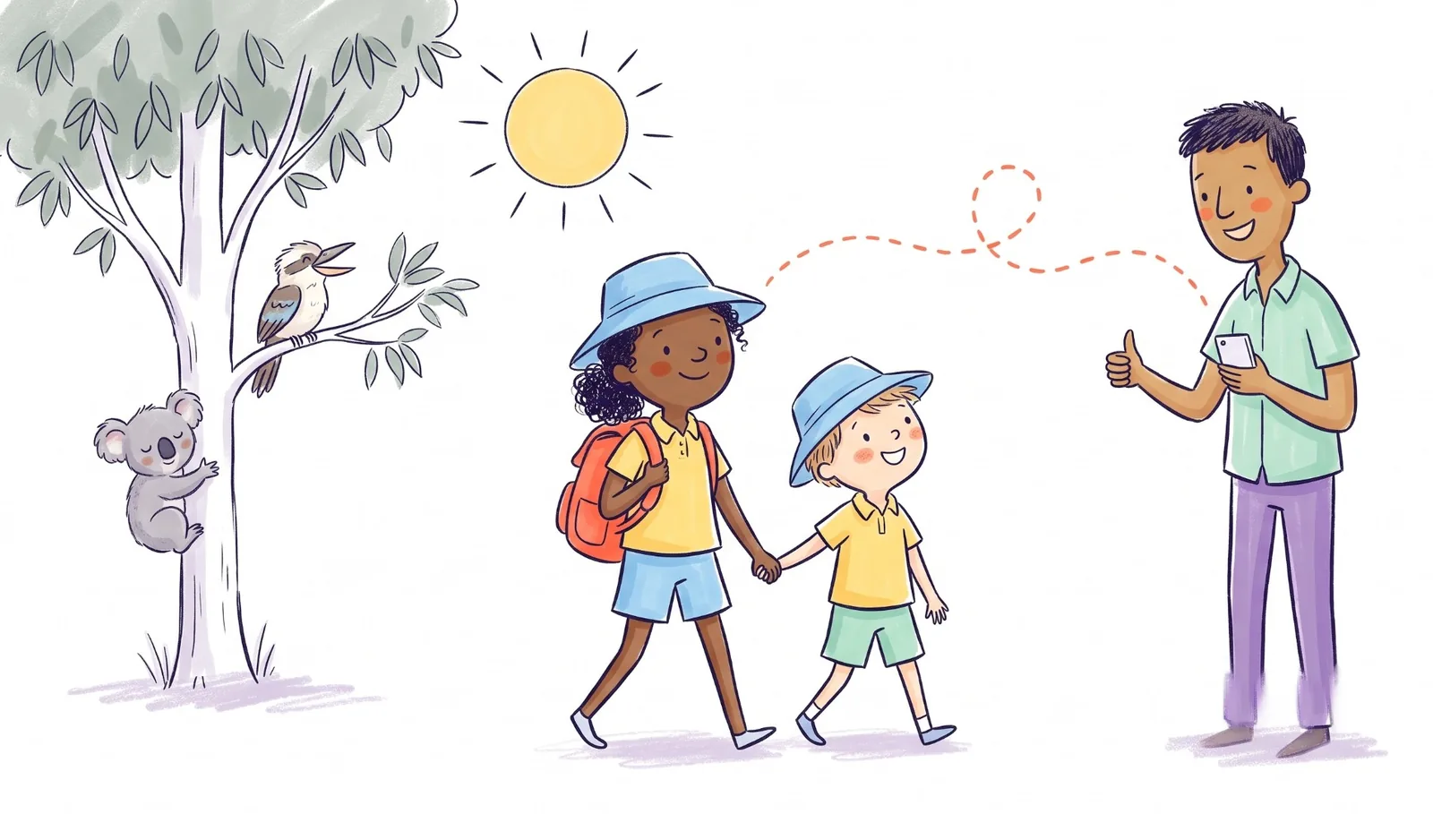 A girl in a bucket hat walks her little brother home as their dad gives a thumbs-up, with a koala and a kookaburra in a gum tree under the sun