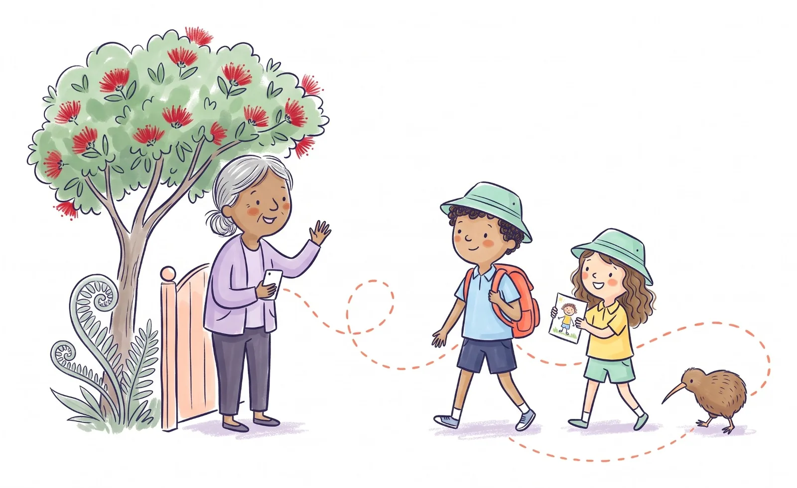 A grandmother waves from a gate under a red-flowering pōhutukawa tree beside a silver fern as two kids in bucket hats walk home, with a kiwi bird trotting behind