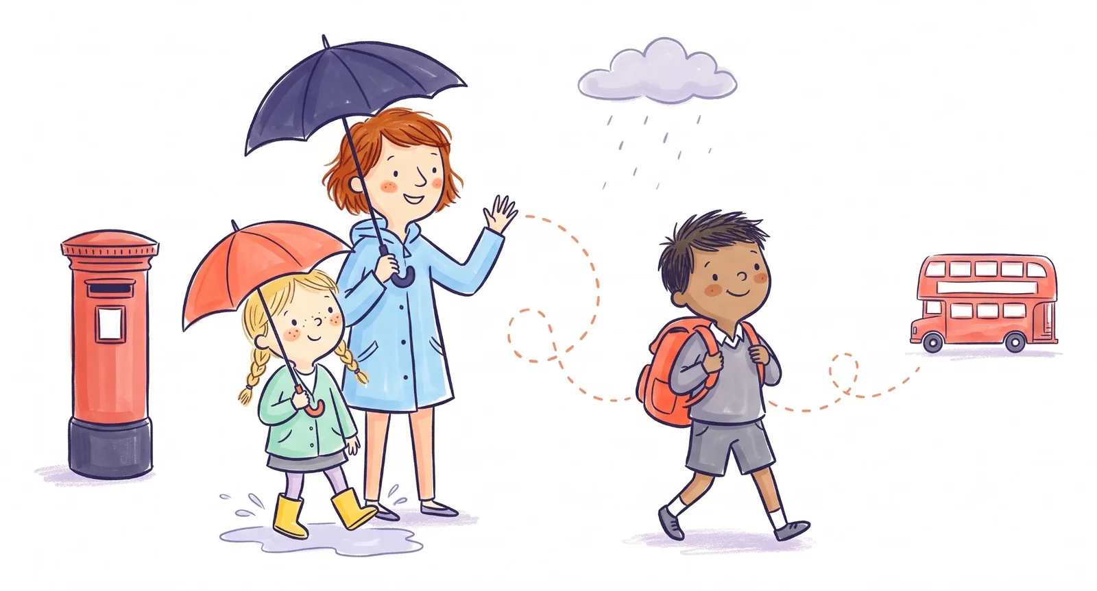 A boy walks to school on his own as his mum and little sister wave from under their umbrellas, beside a red post box, with a red double-decker bus in the distance