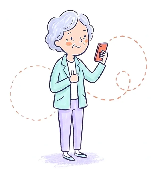 Grandma giving a thumbs up at her phone