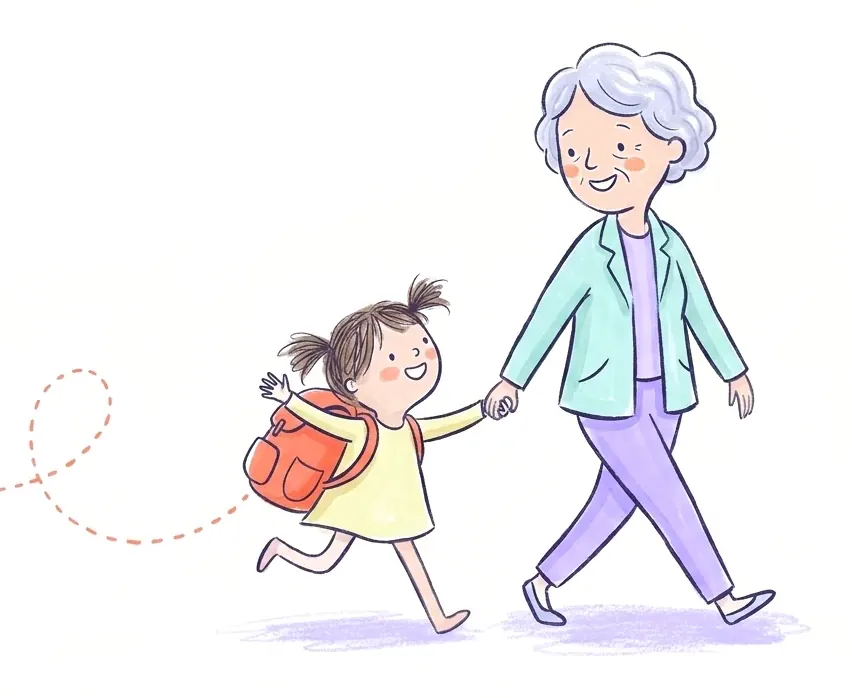 Grandma and her granddaughter walking home hand in hand