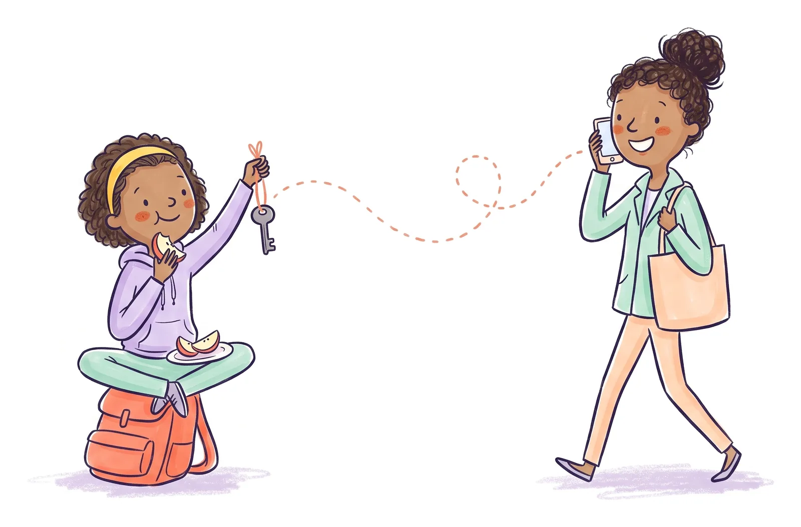 A girl of about 11 lets herself in after school with a key on a coral string while her mom takes her ‘I’m home!’ call