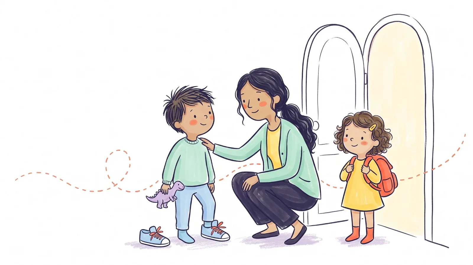 A mom crouches at her son’s eye level with a hand on his shoulder as he looks at her, one sneaker on and a toy dinosaur in his hand, while his sister waits by the open door with her backpack