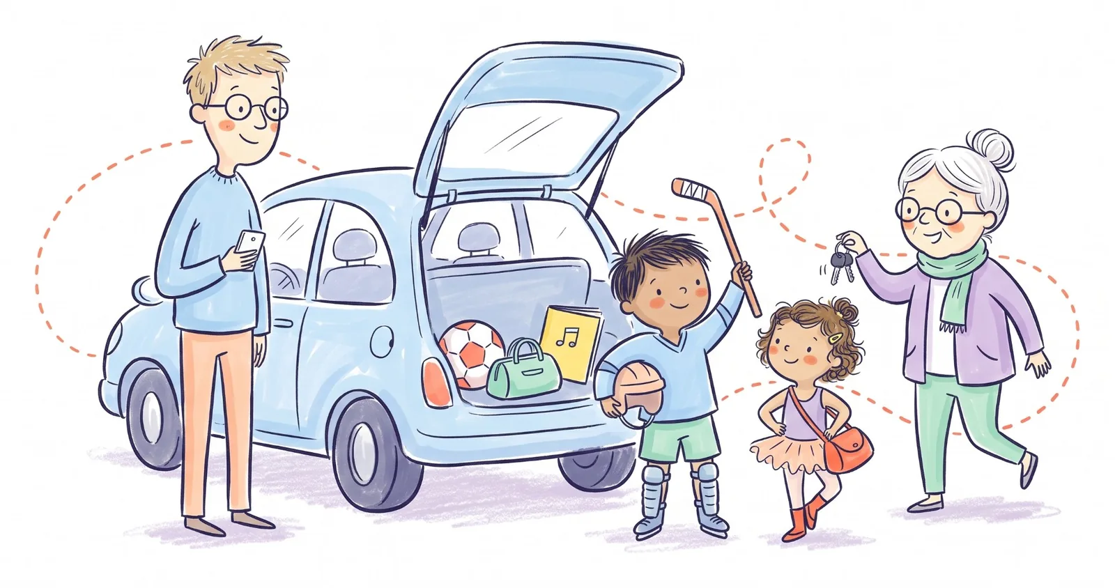 A dad with his phone by a car with its hatch open full of a soccer ball, a swim bag and a music book, while his son in hockey gear and his daughter in a tutu stand ready and Grandma arrives holding up her car keys