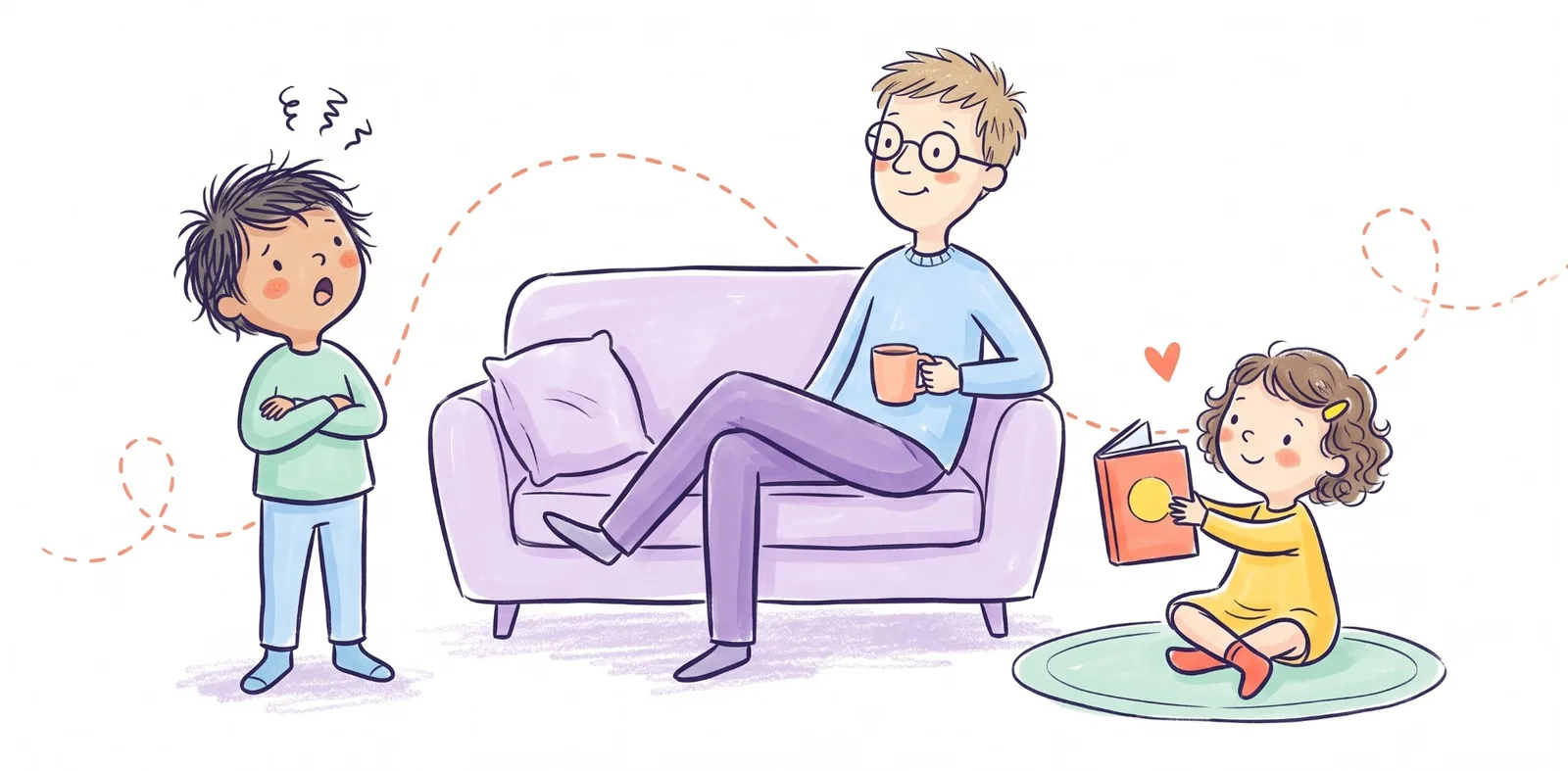 A dad relaxes on the couch with a mug, calmly not reacting while his son stands with arms crossed mid-whine, as his daughter sits on the rug and politely holds up a picture book to him