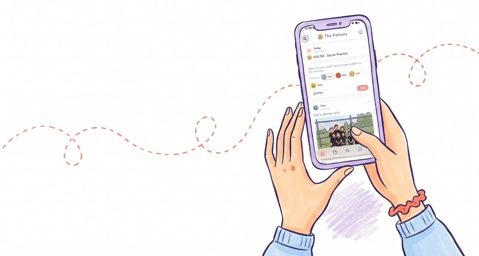 Two hands hold a phone showing the Kid Pickup Home feed: today’s soccer practice at the top and a post about Leo’s soccer win with a team photo
