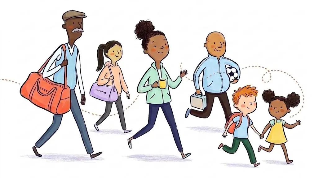 Grandpa, a sitter, a mom and a family friend walk together carrying the kids’ bags, lunchbox and soccer ball, while two children run ahead holding hands