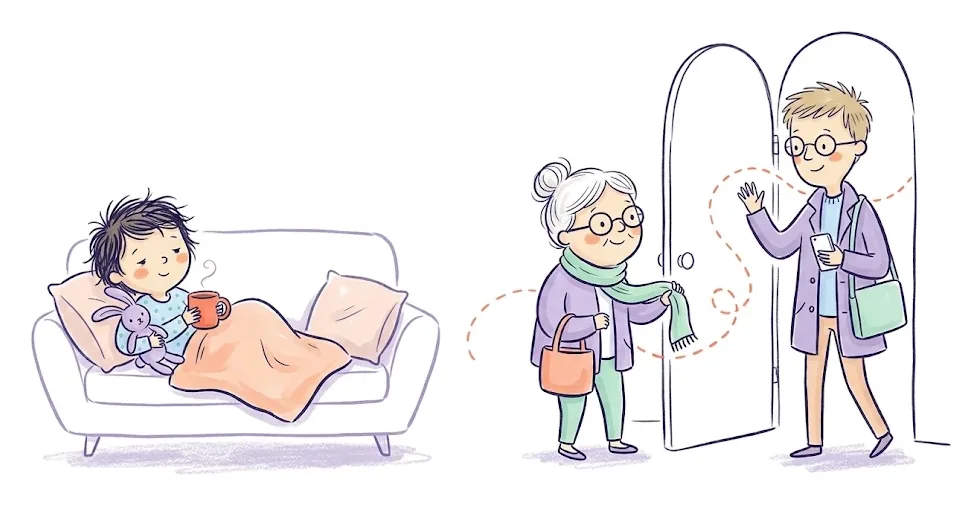 Leo rests on the couch under a blanket with a warm drink and his stuffed bunny, while Grandma arrives at the door and their dad waves as he heads out to work