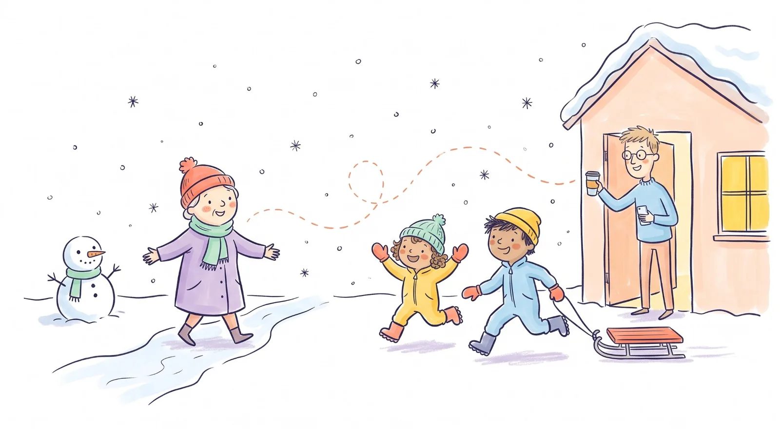 Grandma in a winter coat and hat walks up a snowy path with open arms as two kids in snowsuits run to meet her with a sled, while their dad waves from the open front door with a coffee and his phone