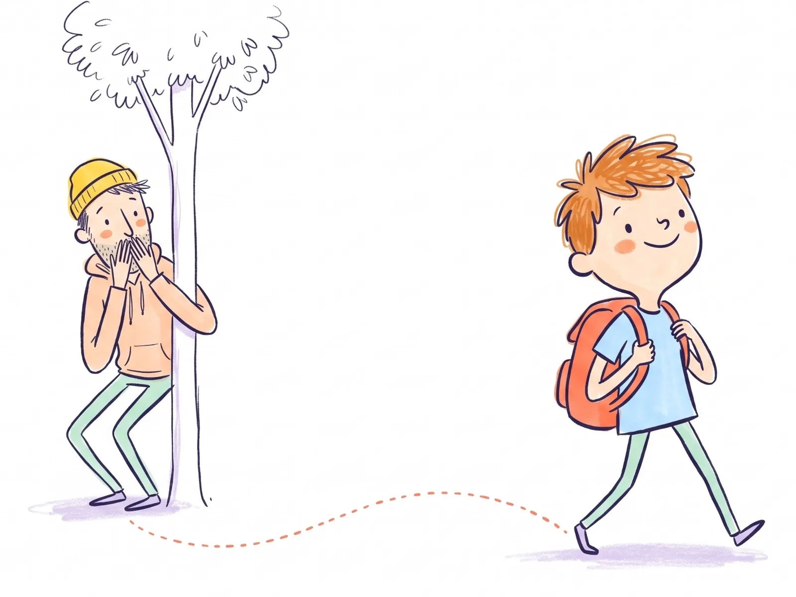 A boy walks on his own with a big proud smile while his dad peeks out from behind a tree, hands over his mouth, secretly following