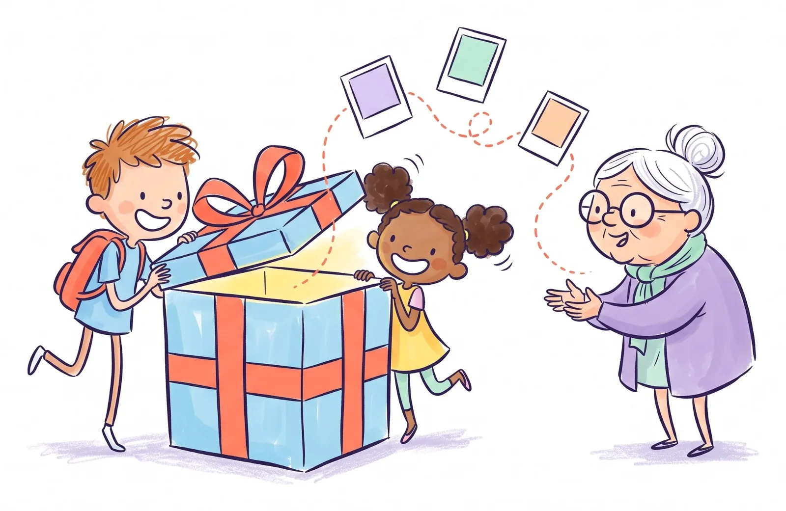 Two kids pull open a big present as family photos float out of it toward Grandma, who reaches out to catch them