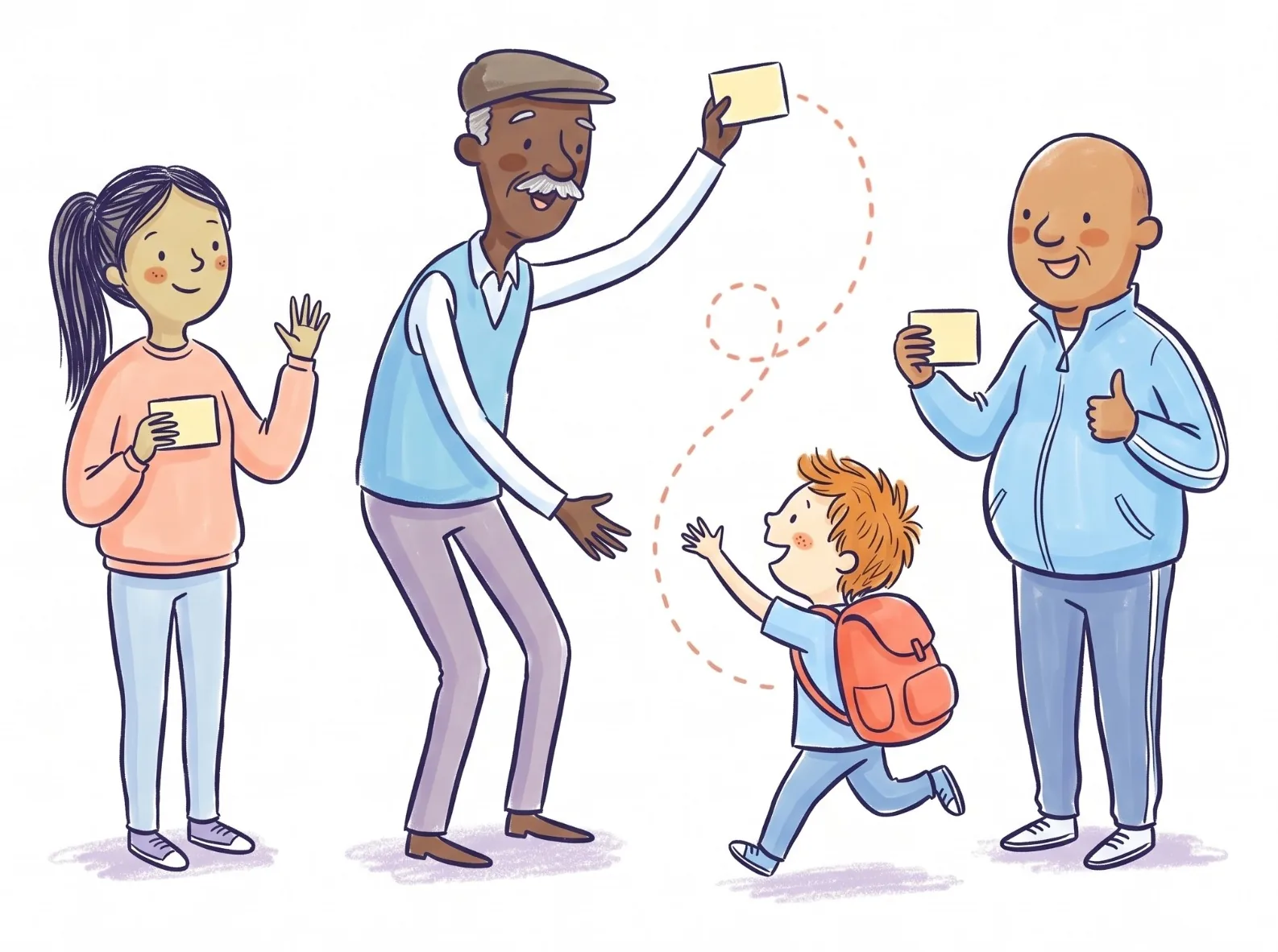 Grandpa in a flat cap holds up his card as a boy with a backpack runs to him, while two other grown-ups wait with cards of their own