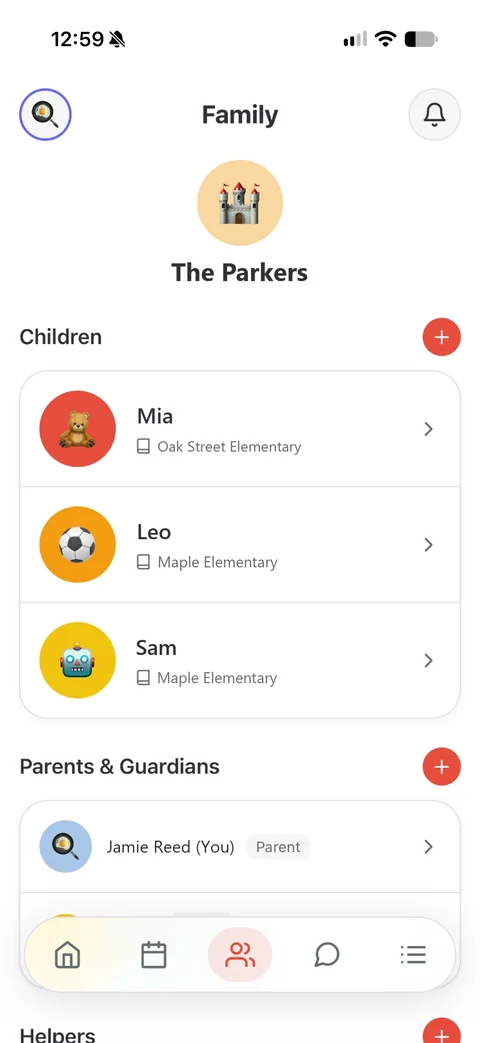 Kid Pickup screen for step 1: To open your family’s page, tap your family’s picture and name at the top of Home.