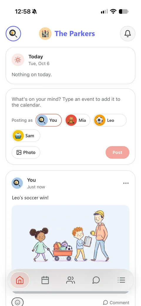 Kid Pickup’s Home feed: today’s pickups at the top, a box to post or add an event, and a family post with a picture
