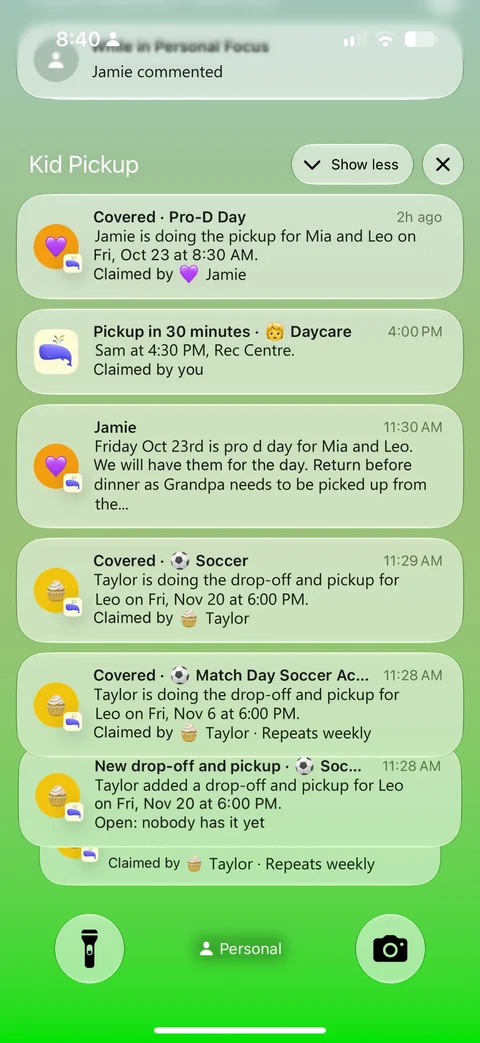 Kid Pickup notifications on an iPhone lock screen: a pickup covered, a 30-minute reminder, a family message, and soccer drop-offs claimed