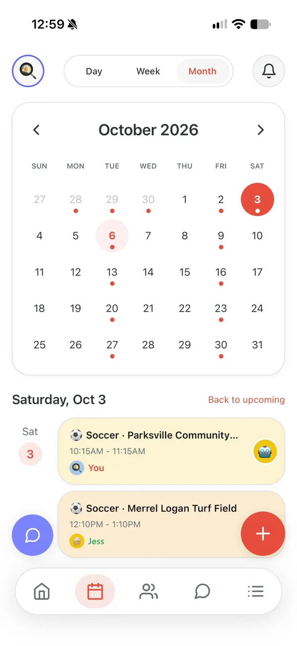Kid Pickup's Calendar: the month on its own card, and the chosen day's pickups underneath with who has each