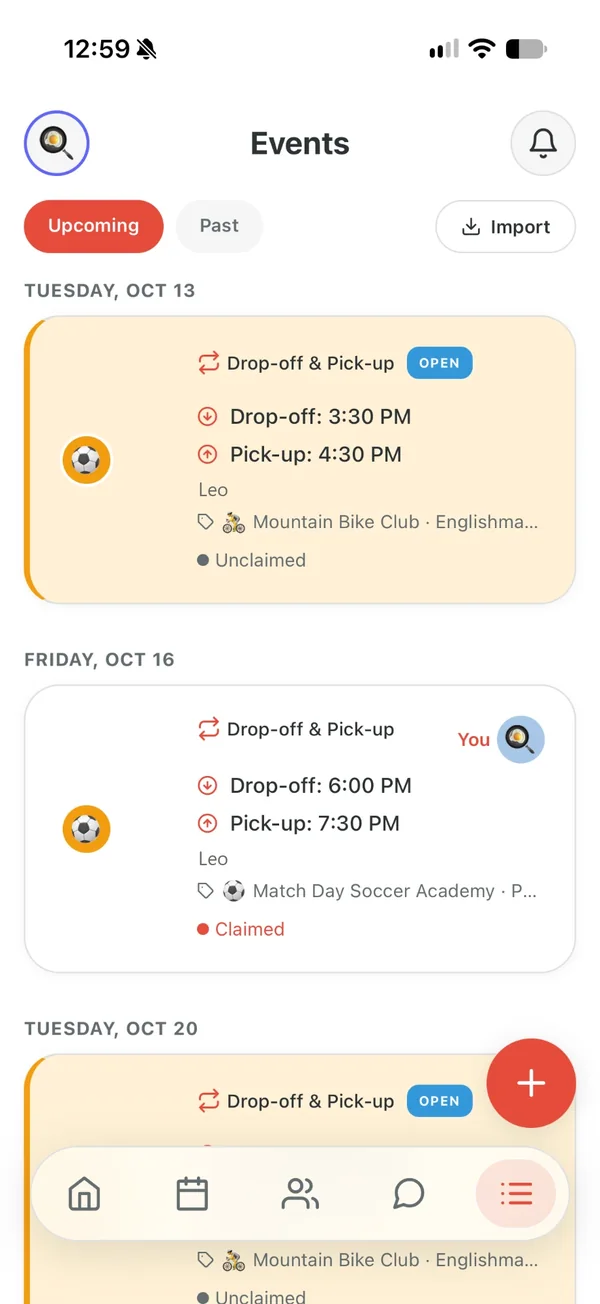 Kid Pickup's Events list: an open drop-off and pickup in amber, and the next one claimed, with the claimer's avatar in the top right