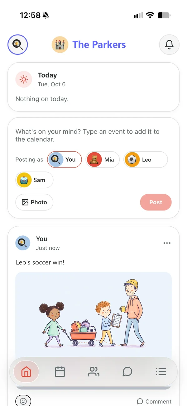 Kid Pickup's Home screen: today's pickups at the top, a box to post or add an event, and a family post with a picture